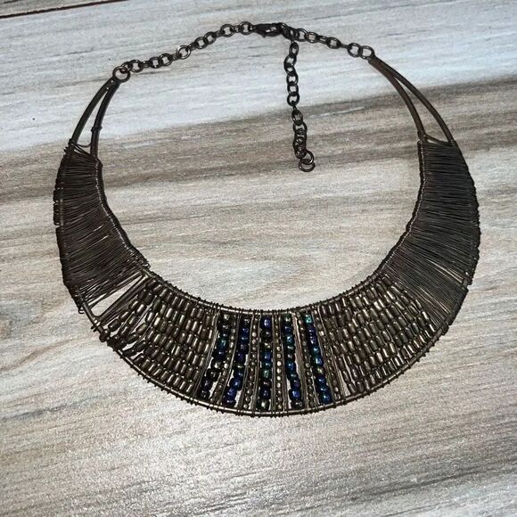 Beaded Brass Colored Collar Necklace With Extender - Picture 1 of 10